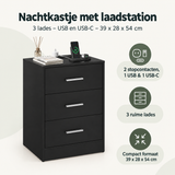 BukkitBow nachtkastje met 3 laden, USB en USB-C laadstations, overzicht van kernvoordelen, afmetingen 39x28x54 cm