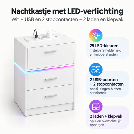 Wit BukkitBow nachtkastje met LED-verlichting, USB-poorten, 2 stopcontacten, ladevak en klepvak voor praktische opbergruimte