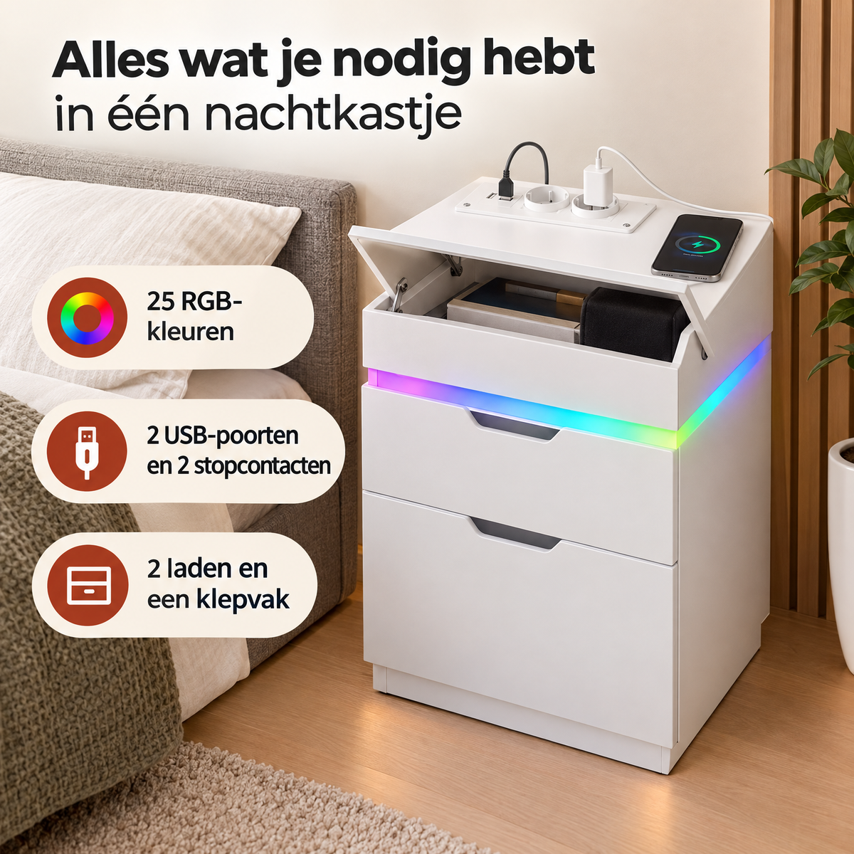 Wit BukkitBow nachtkastje met LED-verlichting, USB-poort, 2 stopcontacten en klepvak voor praktische opbergruimte.