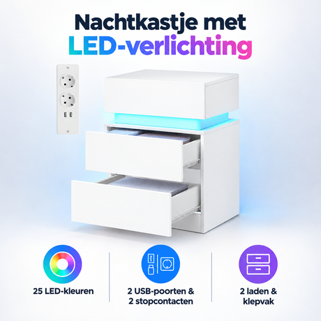 Wit nachtkastje van BukkitBow met LED-verlichting, USB-poort, 2 stopcontacten, 2 laden en klepvak voor op slaapkamer