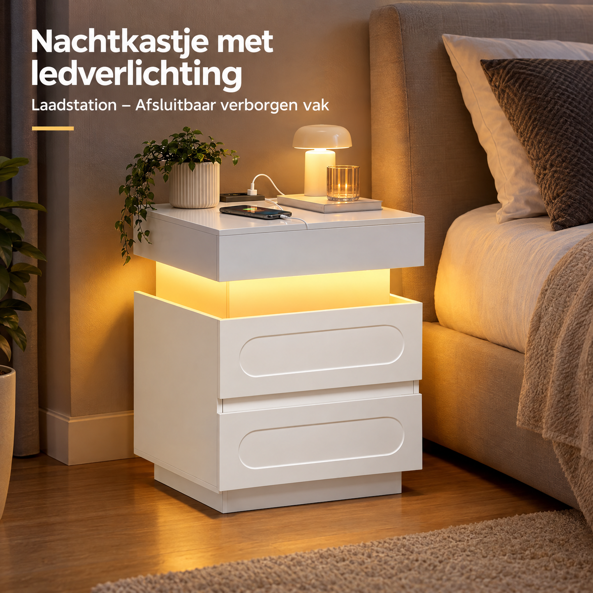 Nachtkastje van BukkitBow met LED-verlichting, afsluitbaar vak en ingebouwde laadstation, geschikt voor slaapkamergebruik.