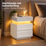 Nachtkastje van BukkitBow met LED-verlichting, afsluitbaar vak en ingebouwde laadstation, geschikt voor slaapkamergebruik.