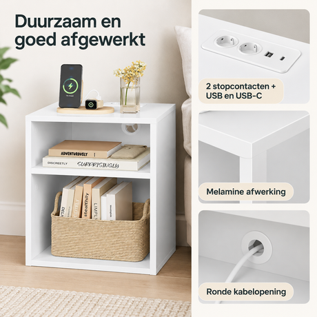 Wit nachtkastje van BukkitBow met stopcontact, USB en USB-C, twee open vakken en modern design.