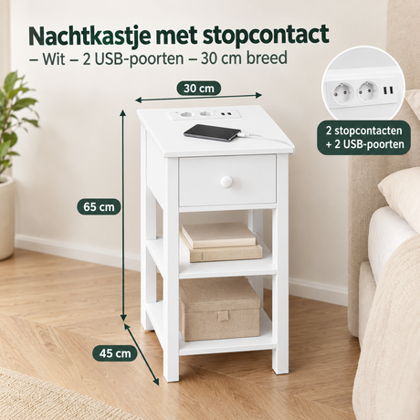 Afmetingen en productspecificaties van nachtkastje met stopcontact