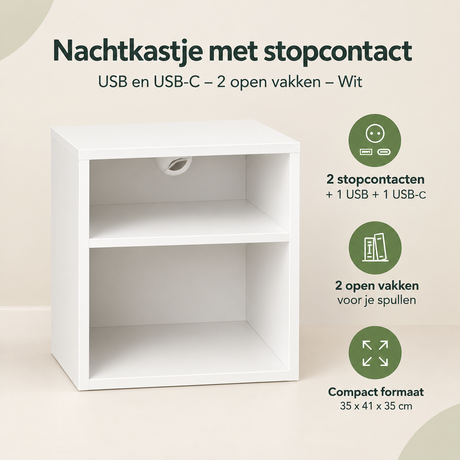 Wit nachtkastje met stopcontact, USB en USB-C, twee open vakken, van BukkitBow, zichtbaar met stopcontact en opbergvakken.