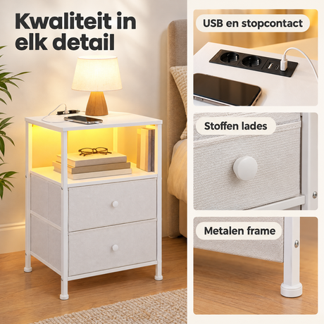BukkitBow nachtkastje met USB-poort, stopcontact, LED-verlichting en 2 stoffen laden, breed 40 cm, modern design.