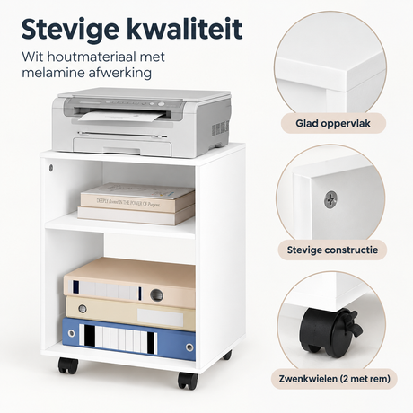 Wit nachtkastje op wielen met 2 open vakken, BukkitBow, afmetingen 40x55x35 cm, modern en functioneel design
