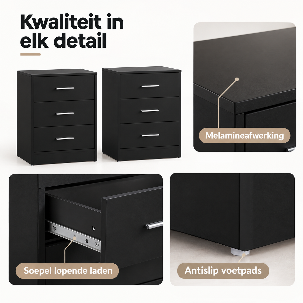 Detail van materiaal en afwerking van nachtkastjes set van 2
