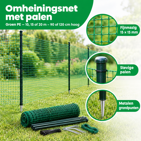 Groen BukkitBow omheiningsnet met palen, 10, 15 of 20 m lang en 90 of 120 cm hoog, gemaakt van PE, detail van materiaal.