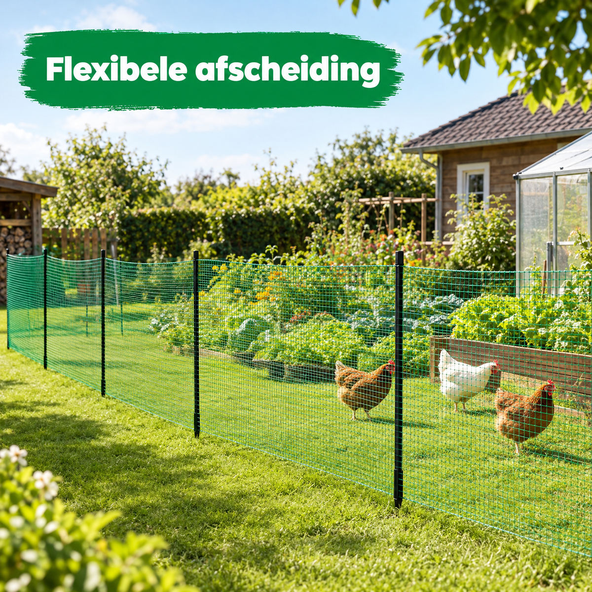 Groen BukkitBow omheiningsnet met palen, 10, 15 of 20 m, 90 of 120 cm hoog voor tuinbeveiliging en afrastering.