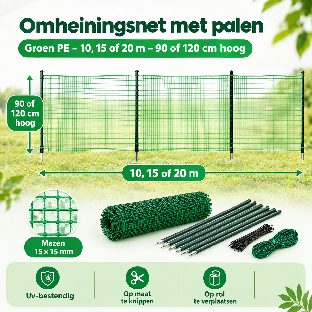 Groen BukkitBow omheiningsnet met palen, 10, 15 of 20 m lang, 90 of 120 cm hoog, geschikt voor tuinomheining.