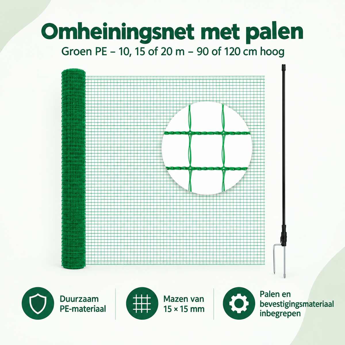 Groen BukkitBow omheiningsnet met palen, 10, 15 of 20 m lang, 90 of 120 cm hoog, voor tuinbeveiliging of afrastering.
