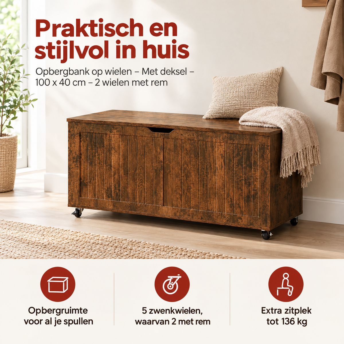 BukkitBow opbergbank op wielen met deksel, 100x40 cm, inclusief 2 wielen met rem, praktische opbergoplossing in zwart kunststof