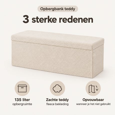 BukkitBow opbergbank Teddy, opvouwbaar met 135 liter capaciteit, 110x38x38 cm, geschikt voor opslag en organisatie.