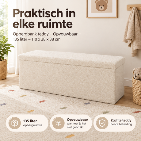 BukkitBow Teddy opbergbank, opvouwbaar met 135 liter opbergruimte, afmetingen 110x38x38 cm, praktische en ruime opbergoplossing.