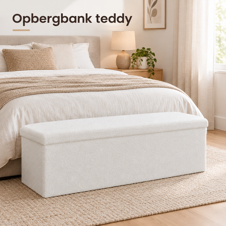 BukkitBow teddy opbergbank, opvouwbaar met 135 liter opbergruimte, 110x38x38 cm, in een woonkamer gebruikt.