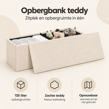BukkitBow Teddy opbergbank, opvouwbaar met 135 liter capaciteit en afmetingen 110x38x38 cm, geschikt voor opslag en organisatie
