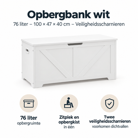 Witte BukkitBow opbergbank met veiligheidscharnieren, 76 liter inhoud, afmetingen 100x47x40 cm, stevige opbergoplossing