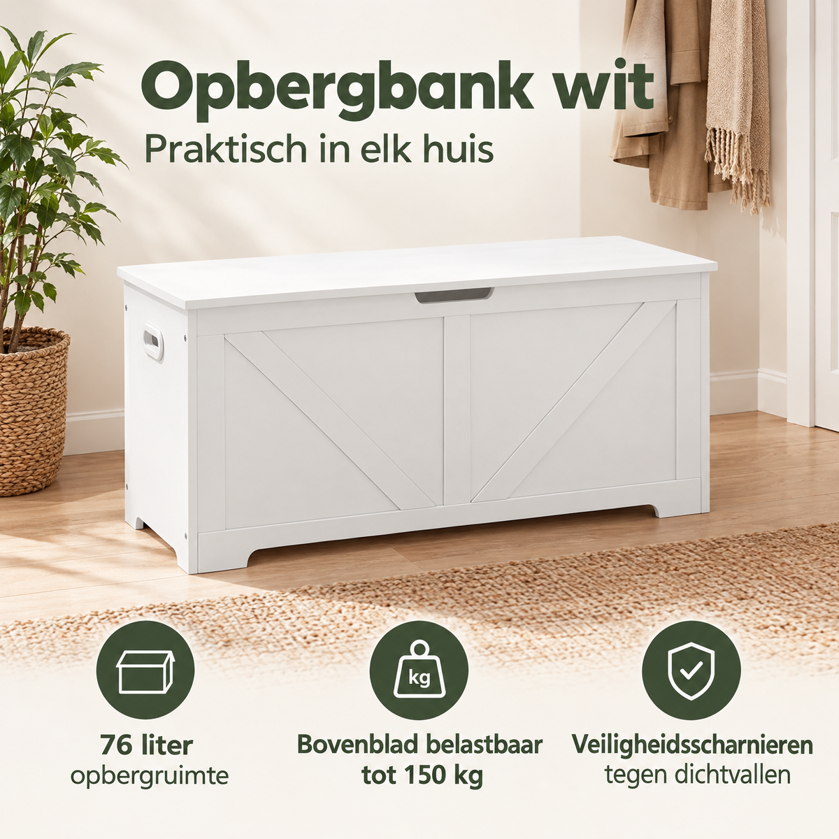 Witte BukkitBow opbergbank met veiligheidsscharnieren, 76 liter opbergruimte, afmetingen 100×47×40 cm.