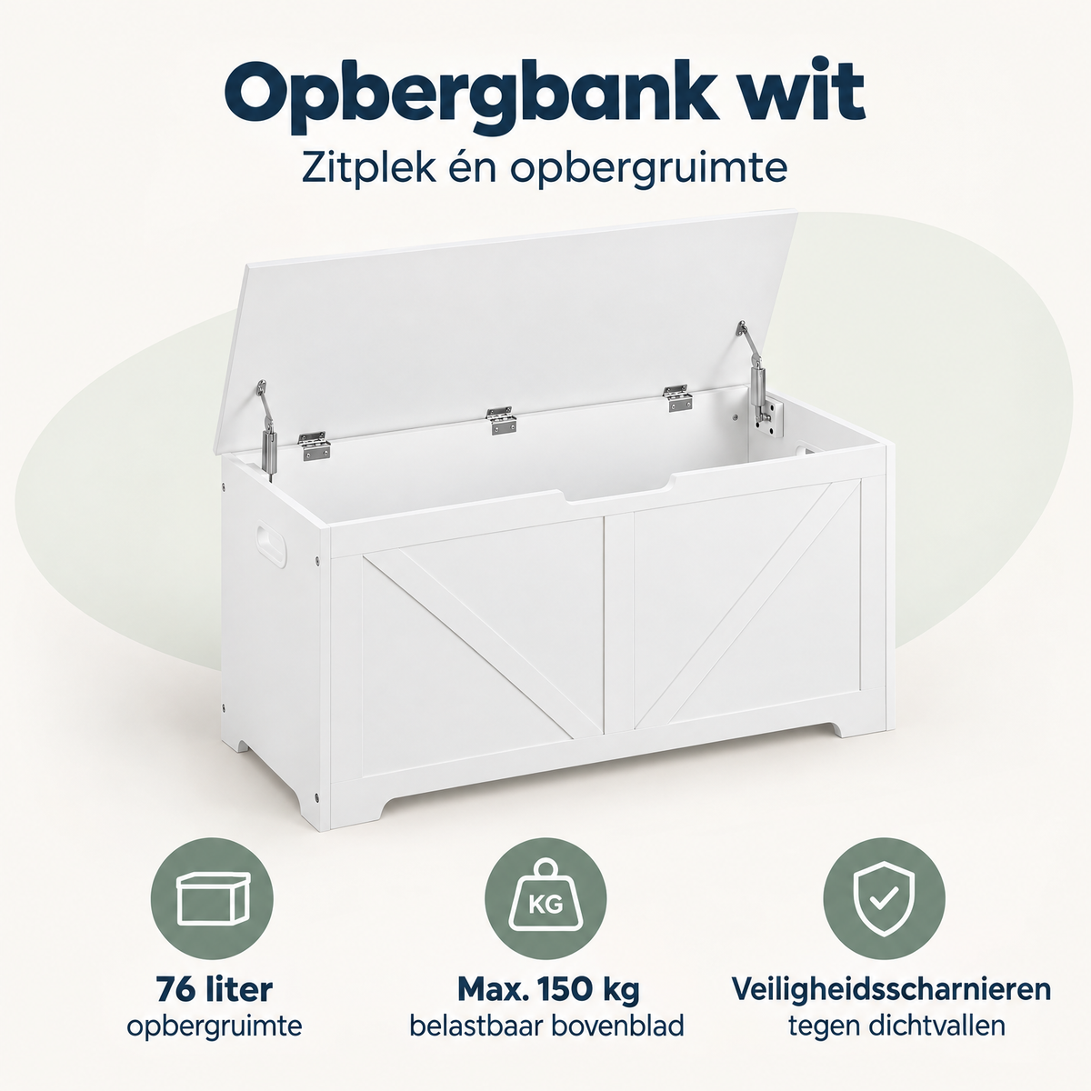 Witte BukkitBow opbergbank met veiligheidscharnieren, 76 liter, 100×47×40 cm, ideale opbergoplossing voor binnen en buiten