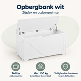 Witte BukkitBow opbergbank met veiligheidscharnieren, 76 liter, 100×47×40 cm, ideale opbergoplossing voor binnen en buiten