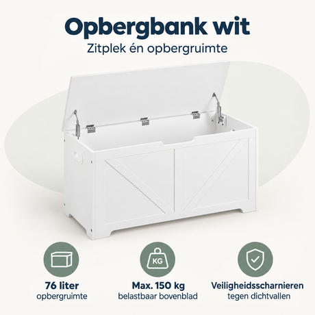 Witte BukkitBow opbergbank met veiligheidscharnieren, 76 liter, 100×47×40 cm, ideale opbergoplossing voor binnen en buiten