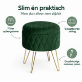 Ronde fluwelen opbergpoef van BukkitBow met goudkleurige poten, afmetingen 31,5 x 31,5 x 36 cm, geschikt voor opslag en decoratie.