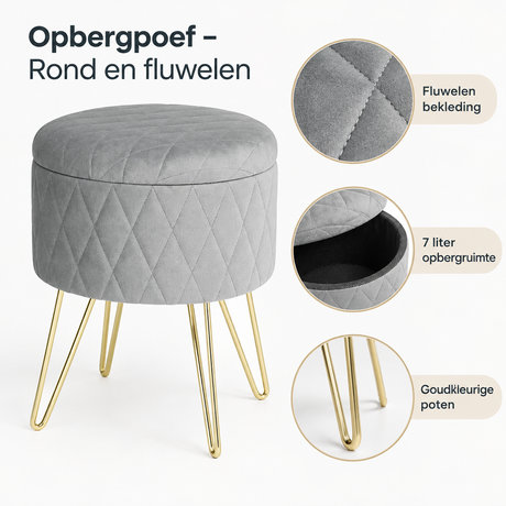 Ronde fluwelen opbergpoef van BukkitBow met goudkleurige poten, afmetingen 31,5 x 31,5 x 36 cm, detail van het materiaal
