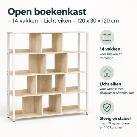 Open boekenkast van BukkitBow met 14 vakken in licht eikenhout, afmetingen 120x30x120 cm, open en overzichtelijk.