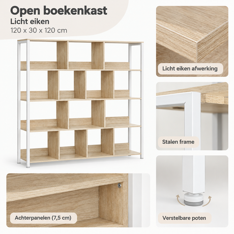Open boekenkast van BukkitBow met 14 vakken, licht eikenhout, open ontwerp, afmetingen 120x30x120 cm, zichtbaar in detail.