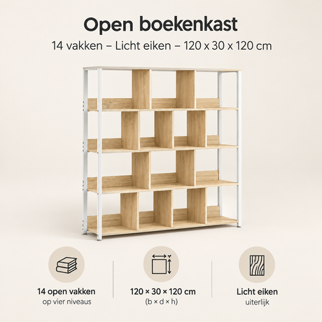 Open boekenkast van BukkitBow met 14 vakken in licht eiken, 120x30x120 cm, overzicht van kernvoordelen zichtbaar