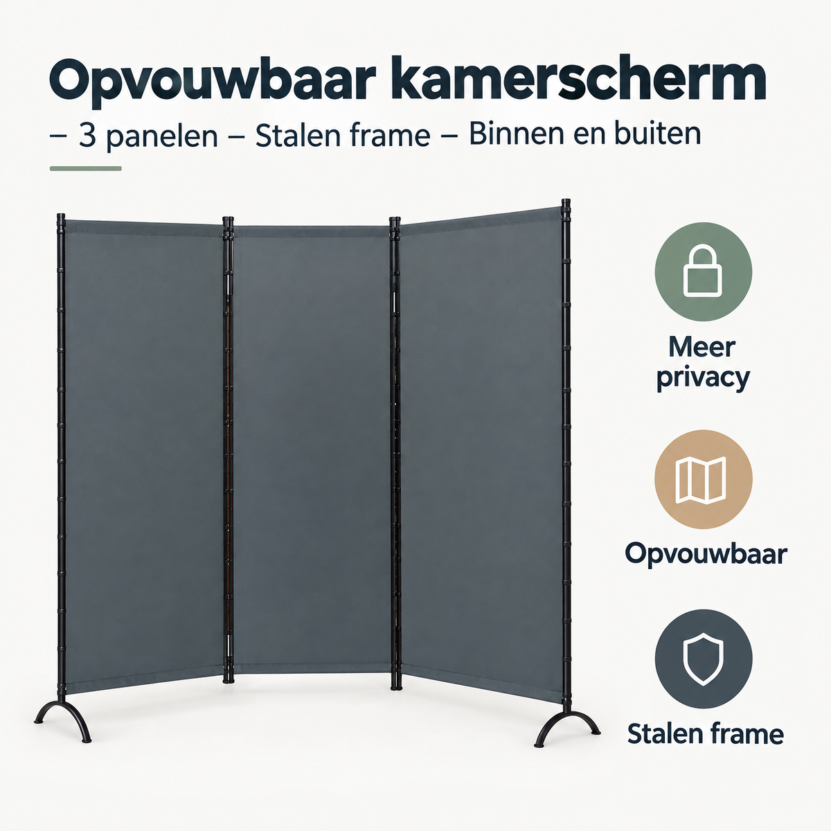 Opvouwbaar kamerscherm met 3 panelen en stalen frame, geschikt voor binnen en buiten, van BukkitBow.