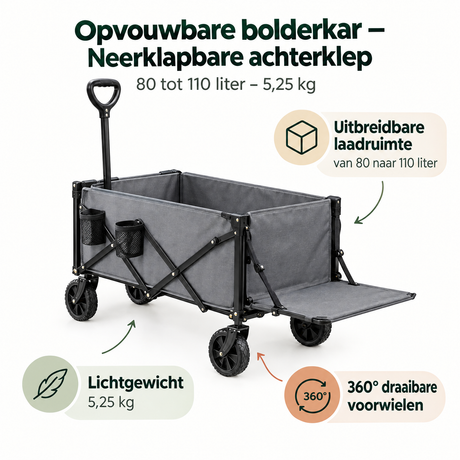BukkitBow opvouwbare bolderkar met neerklapbare achterklep, 80-110 liter, lichte draagbare transportkar voor recreatie en tuin.