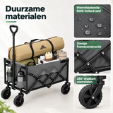 Opvouwbare BukkitBow bolderkar met neerklapbare achterklep, 80-110 liter capaciteit, lichtgewicht van 5,25 kg, gedetailleerde materiaalweergave