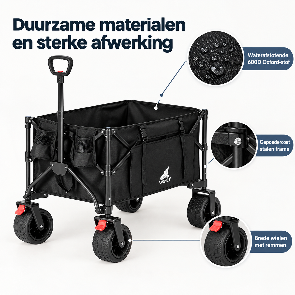 Opvouwbare bolderkar van BukkitBow met brede wielen en remmen, capaciteit 150-205 liter, geschikt voor transport en tuinwerk.