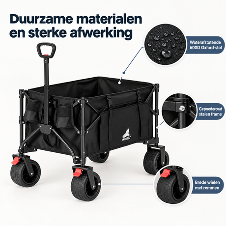 Opvouwbare bolderkar van BukkitBow met brede wielen en remmen, capaciteit 150-205 liter, geschikt voor transport en tuinwerk.