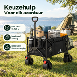 Opvouwbare bolderkar van BukkitBow met brede wielen en remmen, ideaal voor handig vervoer en grote ladingen.