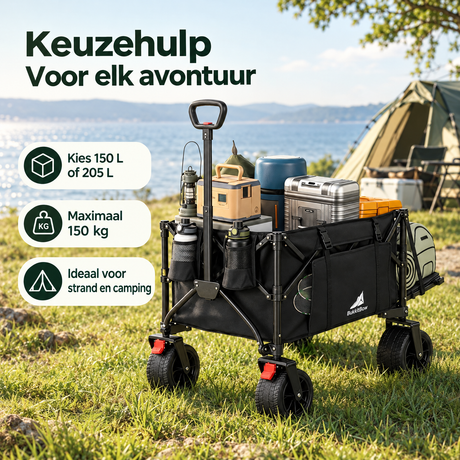 Opvouwbare bolderkar van BukkitBow met brede wielen en remmen, ideaal voor handig vervoer en grote ladingen.