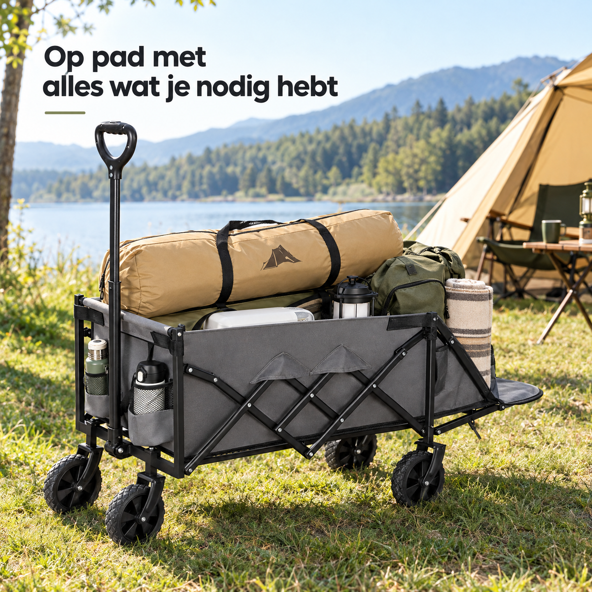 Opvouwbare BukkitBow bolderkar met neerklapbare achterklep, 80-110 liter, lichtgewicht van 5,25 kg, geschikt voor vervoer en recreatie.