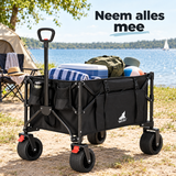 Opvouwbare BukkitBow bolderkar met 150L capaciteit, brede wielen en remmen, geschikt voor tuin en transport.
