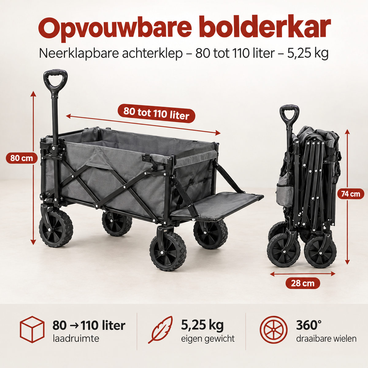 Opvouwbare bolderkar van BukkitBow met neerklapbare achterklep, 80-110 liter inhoud en weegt 5,25 kg.