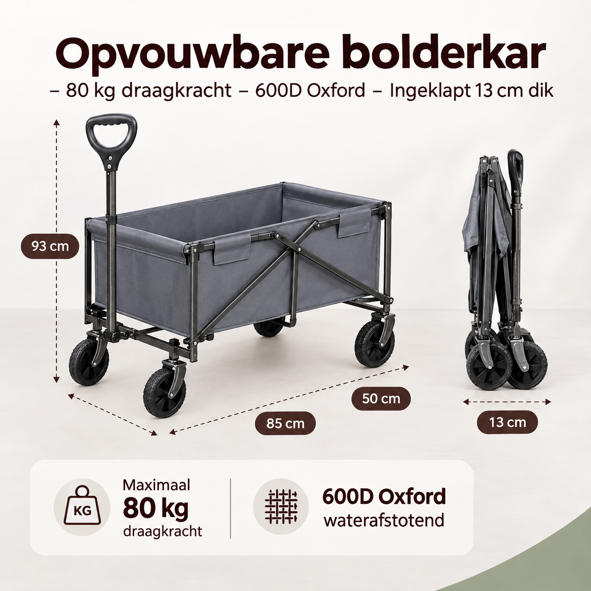 Afmetingen en productspecificaties van opvouwbare bolderkar