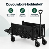 Opvouwbare BukkitBow bolderkar met neerklapbare achterklep, 80-110 liter, lichtgewicht en gemakkelijk op te vouwen voor transport.