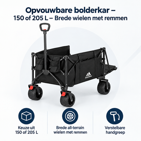 Opvouwbare BukkitBow bolderkar met brede wielen en remmen, 150 of 205 liter capaciteit, geschikt voor gemak en veelzijdigheid