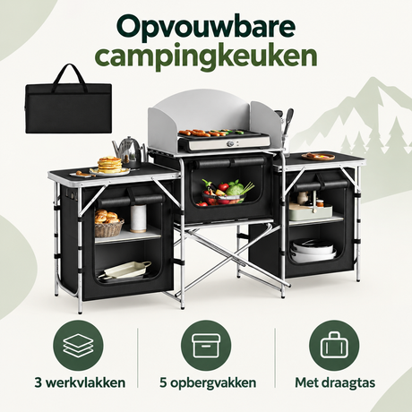 Overzicht van opvouwbare campingkeuken met de belangrijkste productvoordelen
