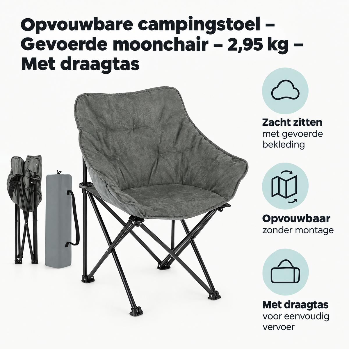 Opvouwbare campingstoel van BukkitBow met gevoerde zitting, draagtas en lichte constructie van 2,95 kg, ideaal voor kampeertripjes.
