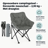 Opvouwbare campingstoel van BukkitBow met gevoerde zitting, draagtas en lichte constructie van 2,95 kg, ideaal voor kampeertripjes.