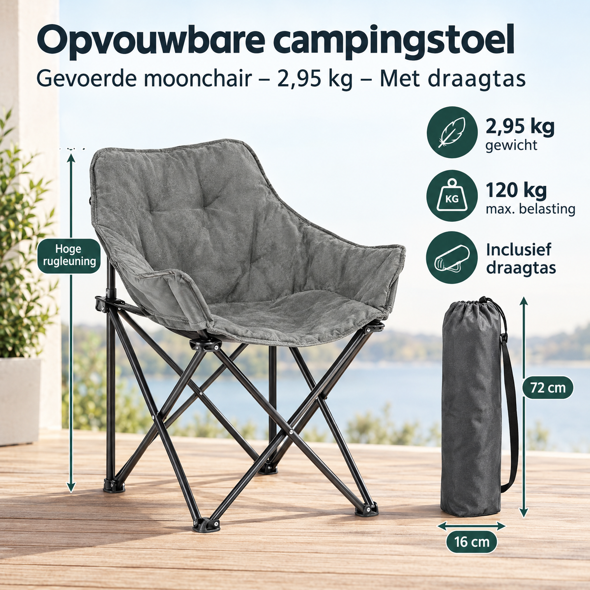 Opvouwbare campingstoel van BukkitBow met gevoerde zitting, draagtas, lichtgewicht van 2,95 kg, geschikt voor kamperen en outdoor gebruik
