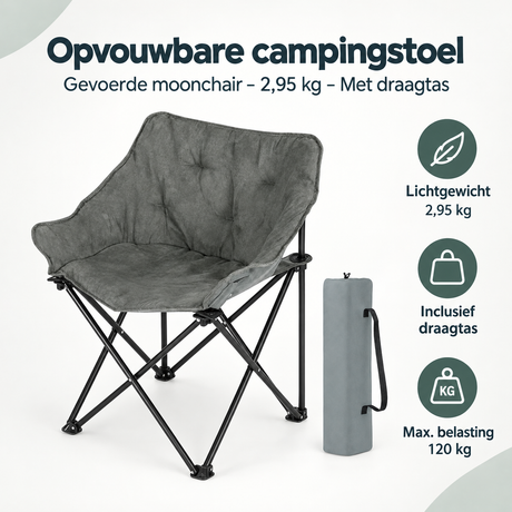 Opvouwbare campingstoel van BukkitBow met voering, draagtas en lichte constructie, ideaal voor kampeeravonturen