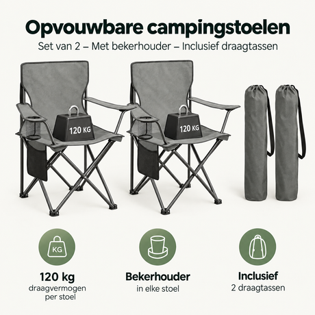 Set van 2 opvouwbare campingstoelen van BukkitBow met bekerhouder en draagtas, ideale zitoplossing voor outdoor activiteiten